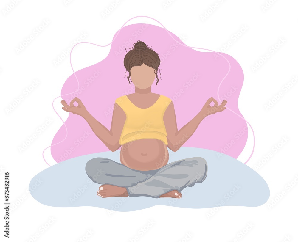 A pregnant woman is sitting in some yoga pose. Illustration for print, women’s magazines, brochures, websites, posters. A pregnant woman is sitting in some yoga pose. Illustration for print, women’s magazines, brochures, websites, posters.