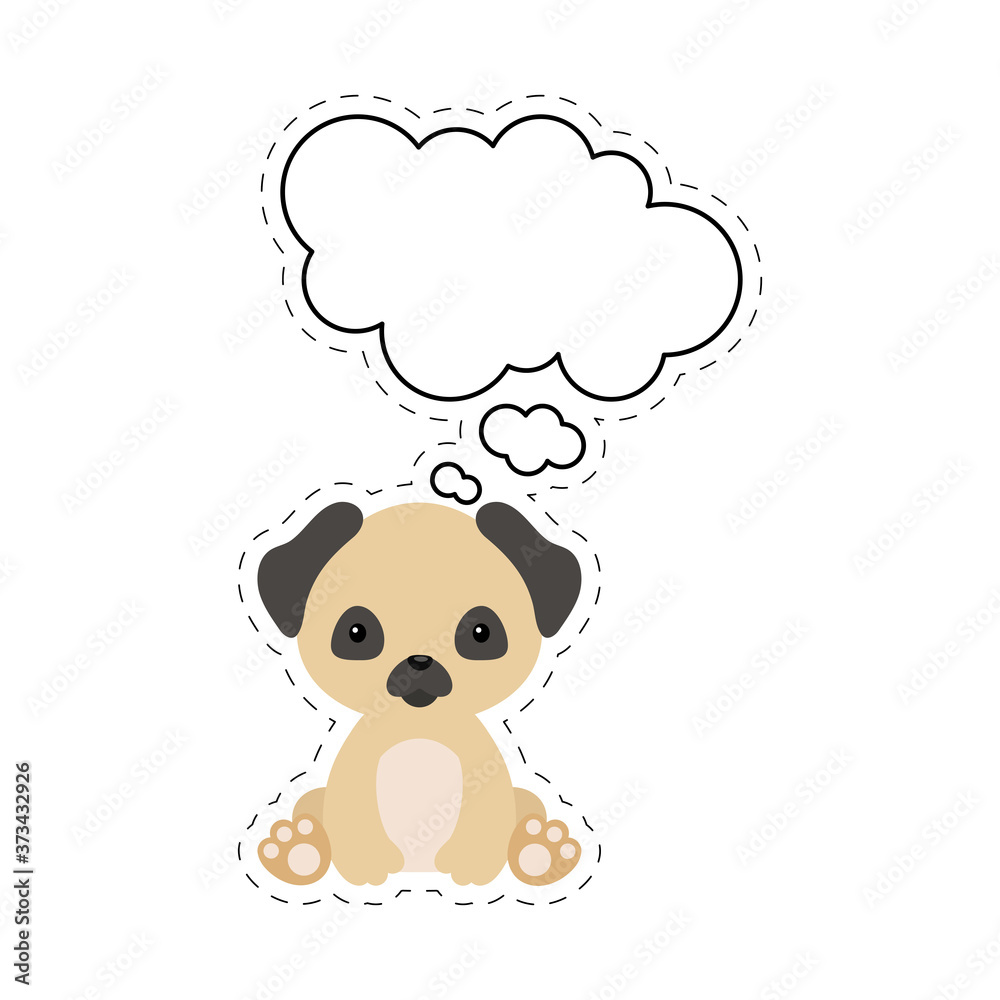 Cute cartoon pug dog with speech bubble sticker. Kawaii character on white background. Cartoon sitting animal postcard clipart for birthday, baby shower, party event. Vector stock illustration. Cute cartoon pug dog with speech bubble sticker. Kawaii character on white background. Cartoon sitting animal postcard clipart for birthday, baby shower, party event. Vector stock illustration.
