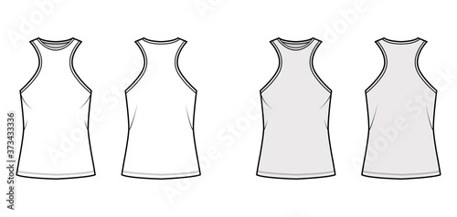Cotton-jersey tank technical fashion illustration with racer-back straps, oversized, elongated hem, crew neck. Flat outwear apparel template front, back, white grey color. Women, men unisex shirt top