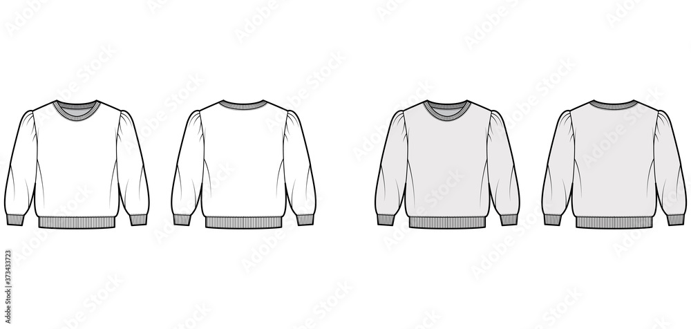 Cropped cotton-terry sweatshirt technical fashion illustration with puffed shoulders, elbow sleeves, ribbed trims. Flat outwear jumper template front back white grey color. Women, men unisex top CAD - obrazy, fototapety, plakaty 