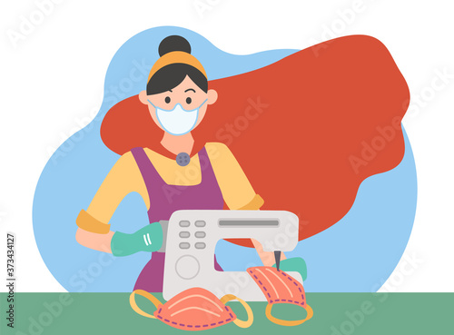 Essential employee seamstress woman sews a mask on a sewing machine. Sewing factory of medical masks at home to protect against coronavirus. Super hero new reality in cloak. Vector flat illustration.