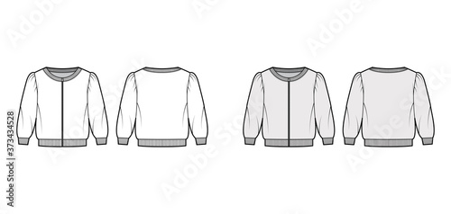 Zip-up cropped cotton-terry sweatshirt technical fashion illustration with scoop neckline, puffed shoulders, elbow sleeves. Flat jumper template front back white grey color. Women, men unisex top