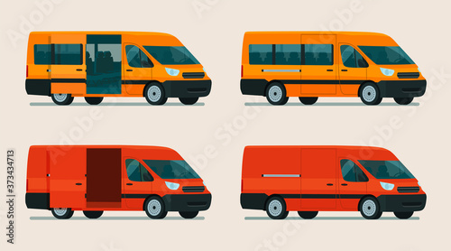 A set of cargo and passenger vans. Isometric view. Vector flat style illustration.