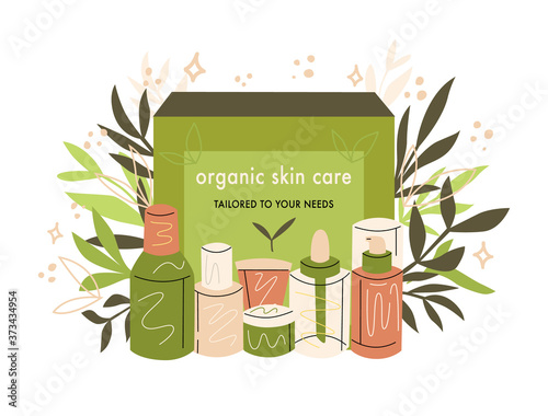 Vector set of natural organic beauty products in a green eco-friendly recyclable gift box with leaves in the background. Skin care in jars, tubes of creme, antioxidant, serum, toners, essence.