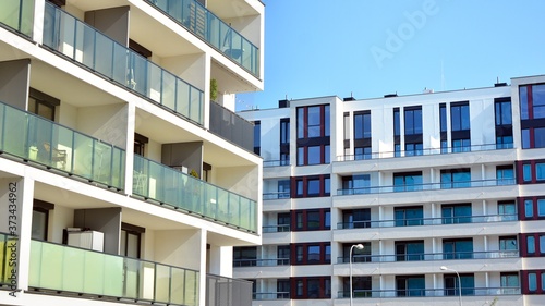 Architectural details of modern apartment building. Modern european residential apartment building complex.