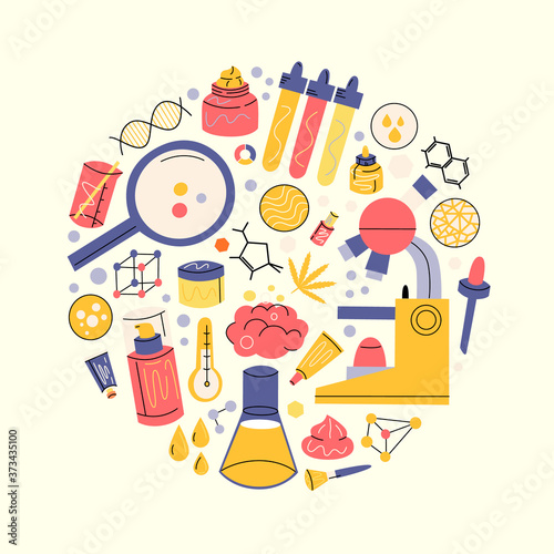 Colourful vector set of cosmetics laboratory elements for creating organic eco cosmetics cruelty free. Skin care ad for science focused innovative technology in beauty industry. Clinical skincare.