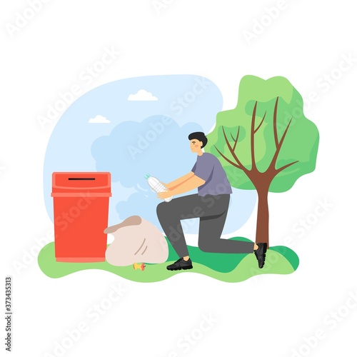 Young man, trash collector, cleaning company worker collecting garbage, flat vector illustration