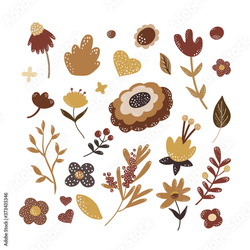 set of  floristic elements: flowers, bushes, branches, leaves. Vector illustration