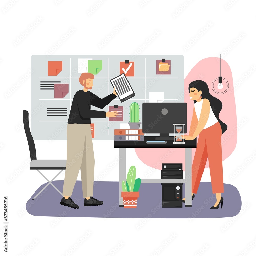 Fototapeta premium Office scene with modern workplace, kanban board, man and woman working on business project, flat vector illustration