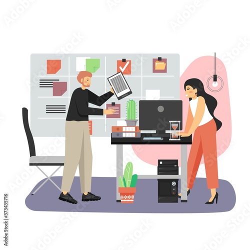 Office scene with modern workplace, kanban board, man and woman working on business project, flat vector illustration