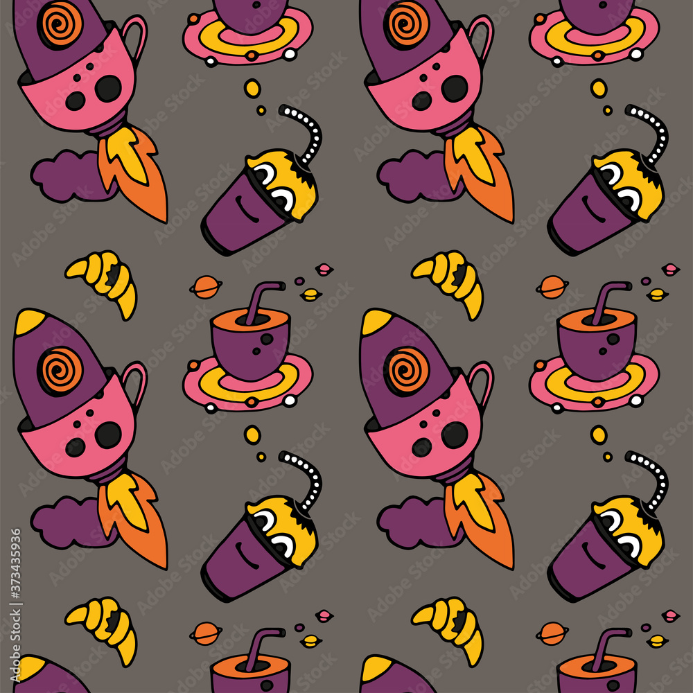 Pattern.Tea Cup and coffee Cup in space style. Cupcakes and croissants