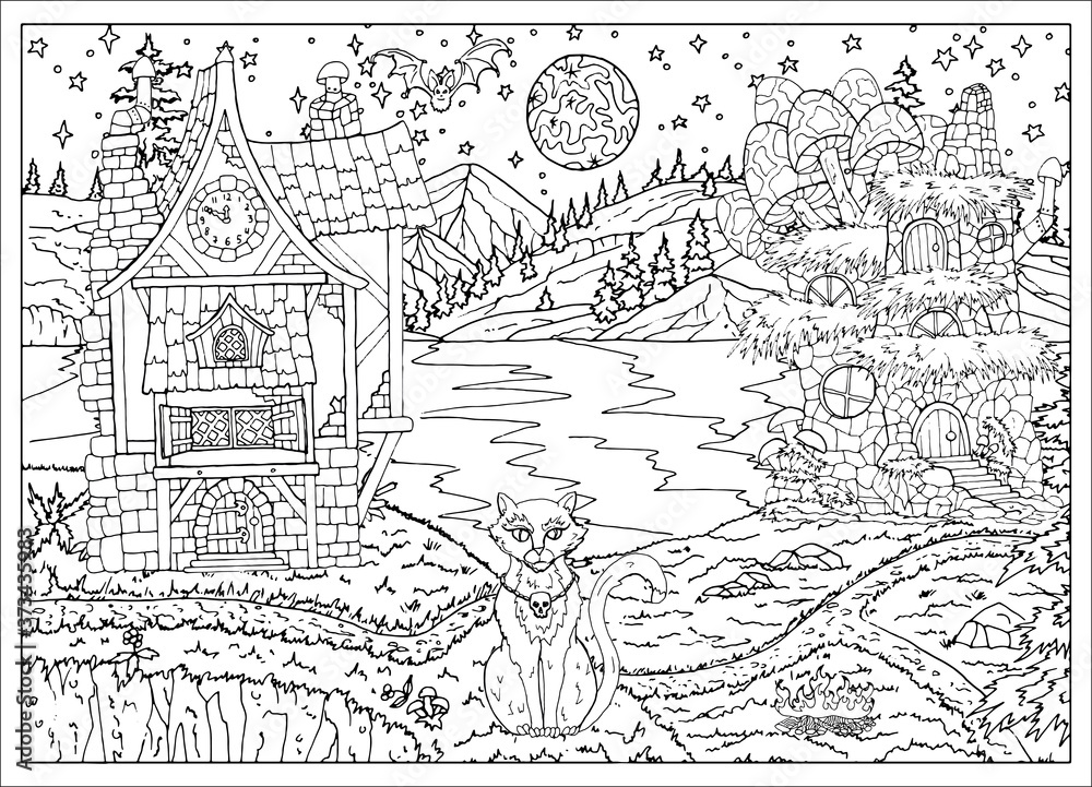 Halloween scene with witch houses and cat sitting on lake shore at night. Halloween scene with witch houses and cat sitting on lake shore at night.