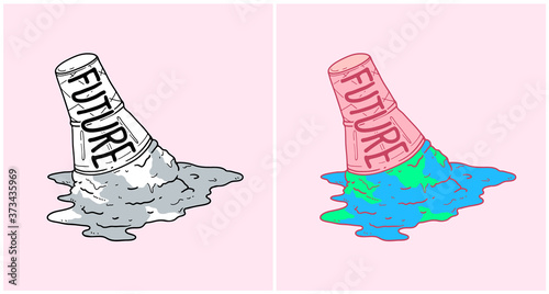 Light pastel ice cream cone melting with warning massage about climate change, concept illustration / symbol design flat hand drawn style
