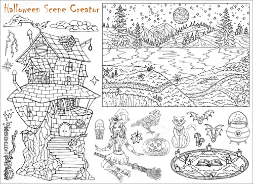 Halloween scene creator with witch girl flying on broom  spooky house and animals.