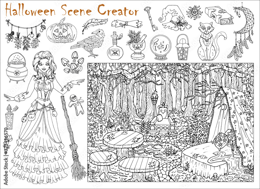 Halloween scene creator set with beautiful witch girl and place in the forest. Halloween scene creator set with beautiful witch girl and place in the forest.