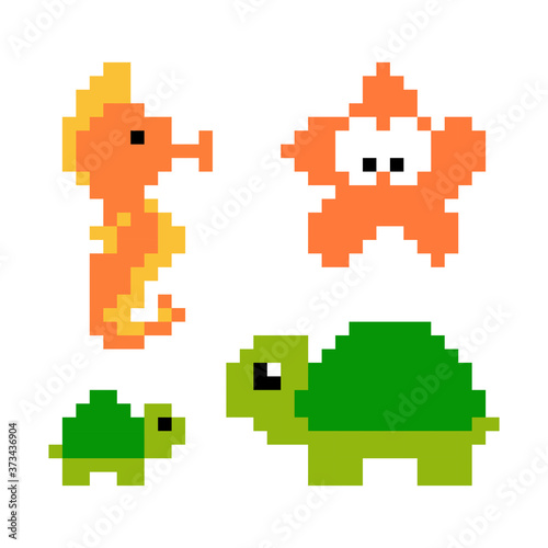 Pixel images of sea animals, turtles, seahorses, starfish. Pixel art vector illustration.