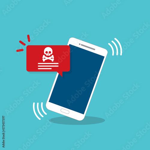 Malware notification on mobile phone. Smartphone with alert, spam data on cellphone fraud error message, scam, virus. Flat vector illustration.