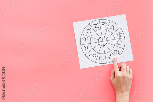 Billede på lærred Astrological horoscope with female hand choosing Zodiac signs