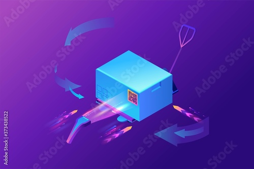 Qr code scanner reads tag on box, warehouse label on a container, pallet with goods, mobile application for labelling cargo, marked package, 3d isometric vector illustration