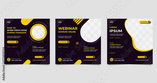 Social media post template, Working from home during pandemic. Set of webinar vector graphics, black and yellow background