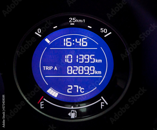 Closeup car fuel gauge dashboard panel. power oline indicator me