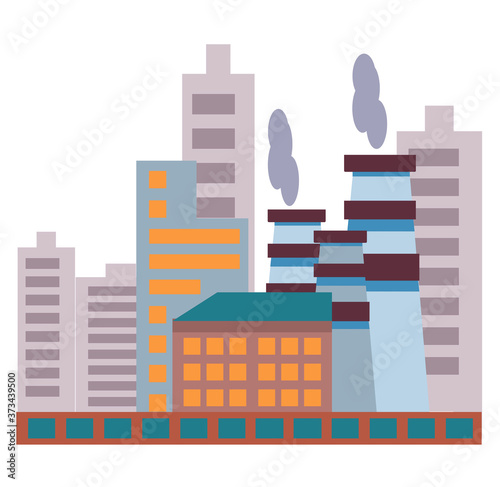 Vector factory icon. Vector illustration of an industrial landscape in a flat style. Industrial plant on the background of a modern city. Smoking pipes. Problem of ecology.