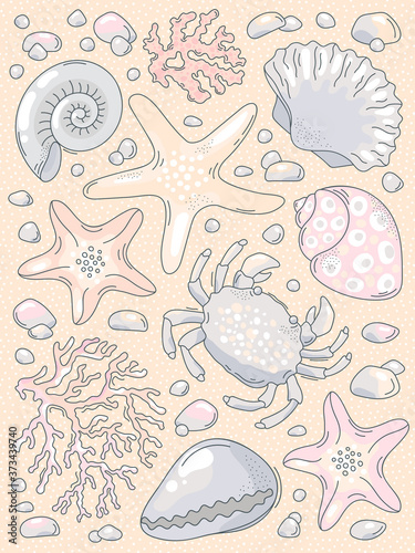 Vector card with sea creatures and hand-drawn lettering.