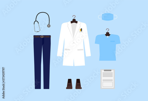 Doctor's supplies. The doctor's gown is hanging on a hanger. Mask, medical chart, shoes, pants, and stethoscope are listed in a flat illustration.