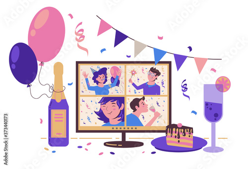 Online party with friends. Celebrating birthday, Christmas and new year on the Internet. Festive table with a monitor. Vector flat illustration isolated on white background.