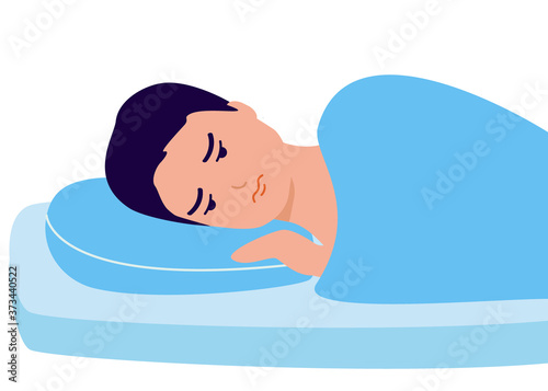 Sleepless, man suffers from insomnia. Young male with open eyes lying on bed. Sad man awake, tired, depression, anxiety. Vector illustration