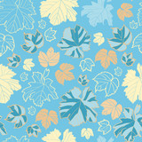 Vector blue yellow leafes seamless pattern print background.