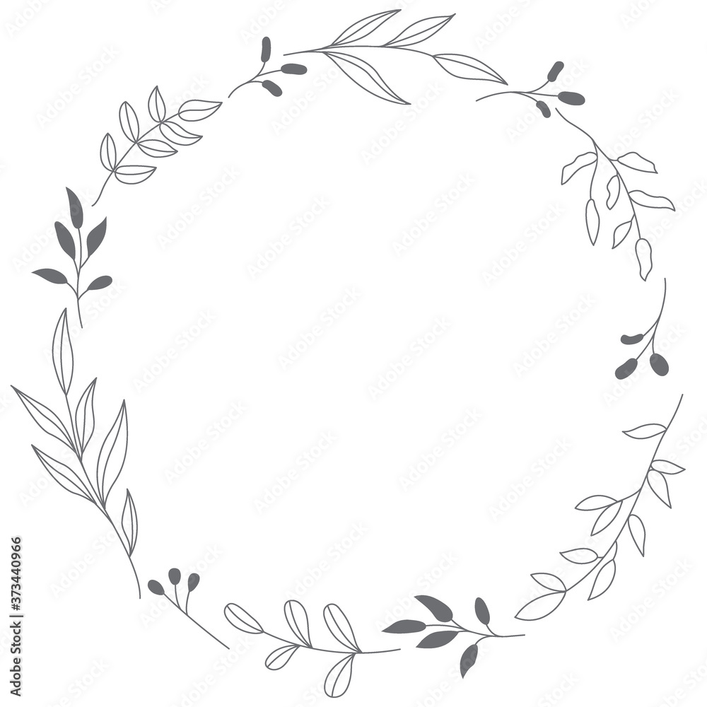 Floral Wreath branch in hand drawn style. Floral round black and white frame of twigs, leaves and flowers. Frames for the Valentine's day, wedding decor, logo and identity template.