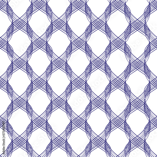 Vector inky blue abstract braid effect damask weave seamless pattern background. Cascading 3D effect curled vertical ribbons woven lattice on white backdrop. Geometric all over print for packaging