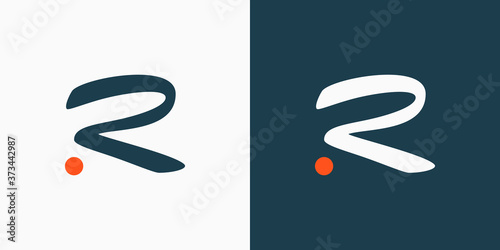 Initial Letter R Logo. Blue and White Hand Drawn Letter with Orange Dot isolated on Double Background. Usable for Branding Logos. Flat Vector Logo Design Template Element