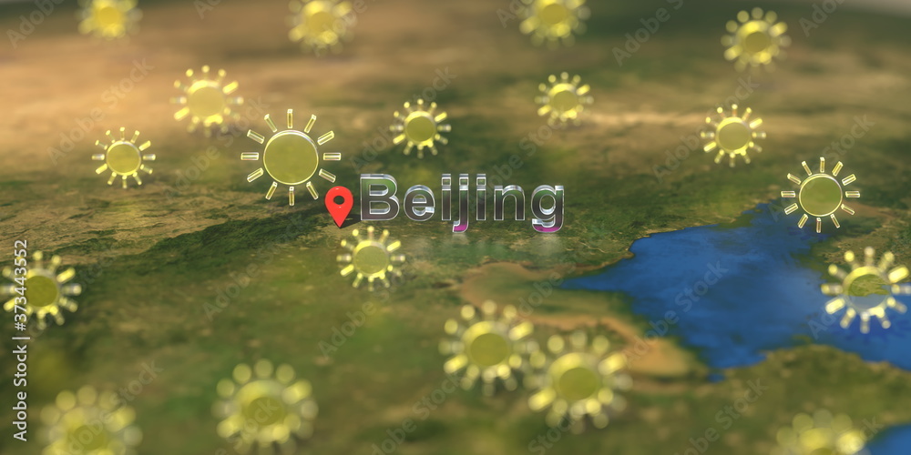 Beijing city and sunny weather icon on the map, weather forecast related 3D rendering