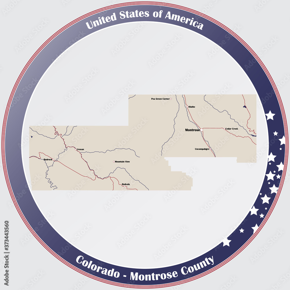 Fototapeta premium Round button with detailed map of Montrose County in Colorado, USA.