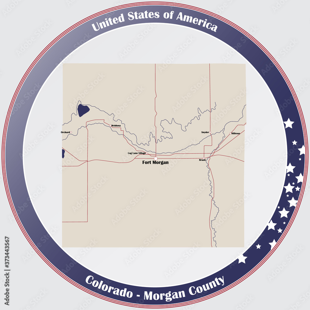 Fototapeta premium Round button with detailed map of Morgan County in Colorado, USA.