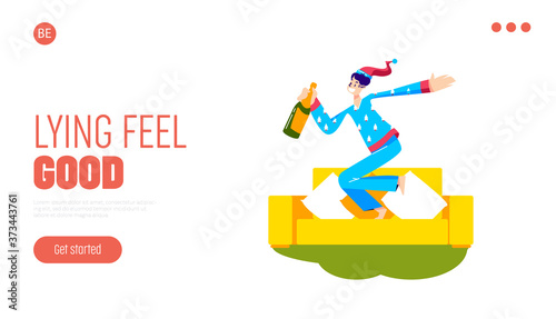 Pajama party landing page with cartoon girl in pajama holding champagne bottle
