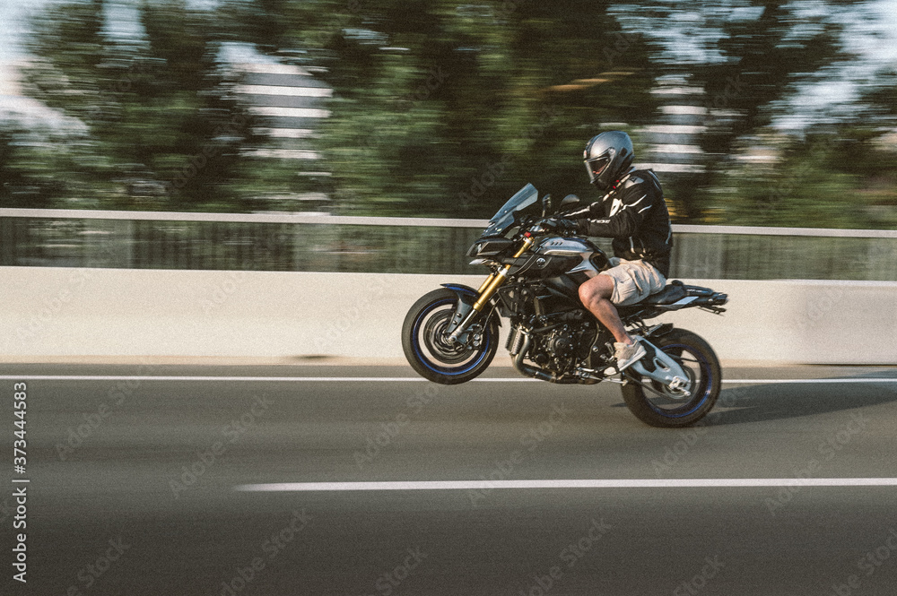 Fototapeta premium Motorcyclist driving on the back wheel