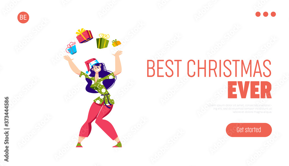 Cozy christmas celebration landing page with girl hold stack of gift boxes over template background Cozy christmas celebration landing page with girl hold stack of gift boxes over template background