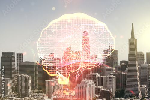 Virtual creative artificial Intelligence hologram with human brain sketch on San Francisco cityscape background. Double exposure