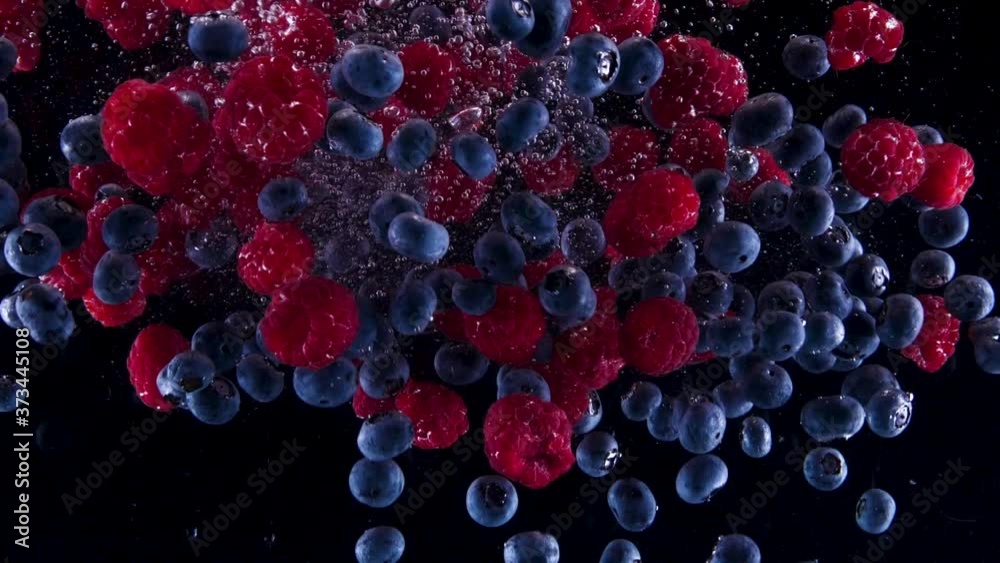 Blueberries and raspberries falling down in to the water. Lots of berries falling slowly on a black background. Organic forest fruit  isolated on black background. Fresh water with fruits.