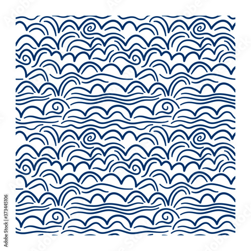 Horizontal seamless pattern of blue waves clouds. Design for backdrops with sea, rivers or water texture. Repeating texture. Figure for textiles.