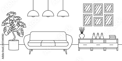 Living room interior line sketch. Outline design of home or house inside with sofa and modern furniture. Vector illustration.