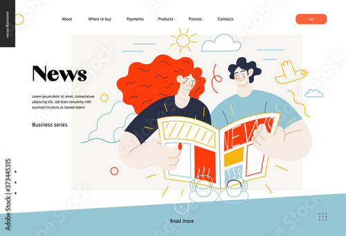 Business topics - news, web template, header. Flat style modern outlined vector concept illustration. A couple, man and woman reading a newspaper together. Business metaphor.