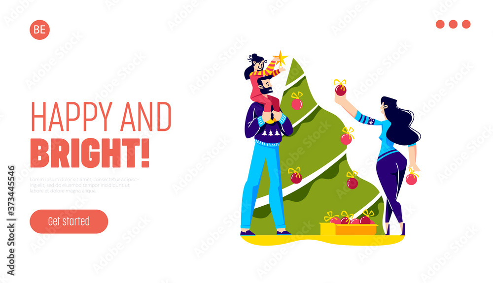 Christmas landing page design with family decorating xmas tree for holiday celebration