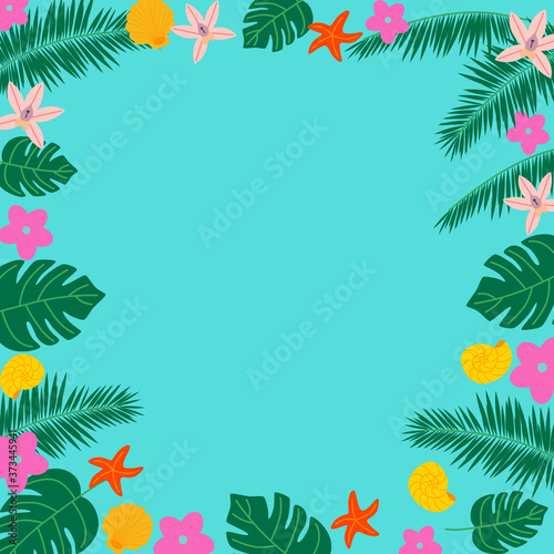 Summer background with elements, monstera, palm leaves, flowers, shells. Flat vector illustration.
