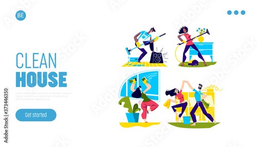 People dance cleaning house. Landing page for housekeeping and householding concept