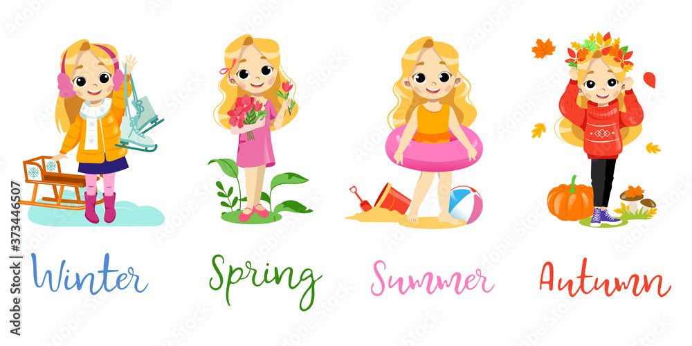 Little Girl In Different Seasons Winter, Spring, Summer, Autumn ...