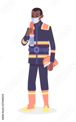 African american firefighter wearing medical mask vector illustration. Coronavirus covid-19 protection concept. Flat style design. Colorful graphics